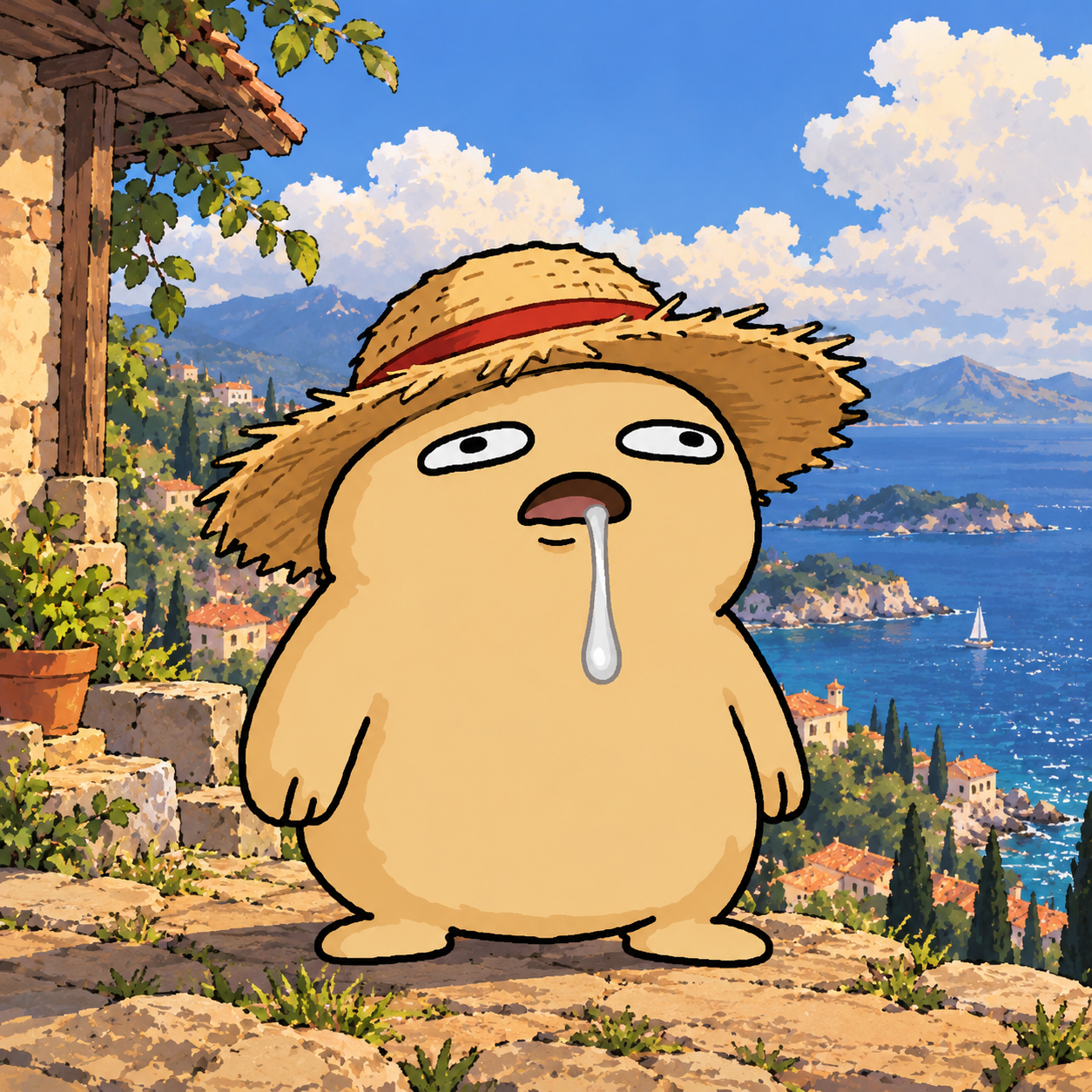 Drooby, a goofy drooling creature in a straw hat overlooking the sea
