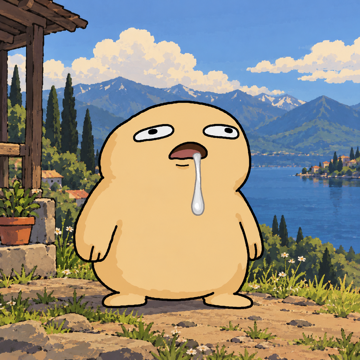 Drooby staring across a beautiful lake